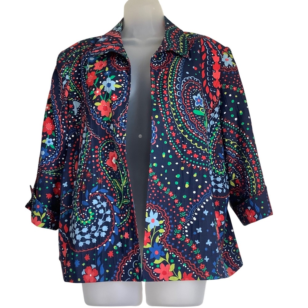 Alfred Dunner Petite Navy Paisley Floral Open‎ Front Jacket Blazer 18P Womens